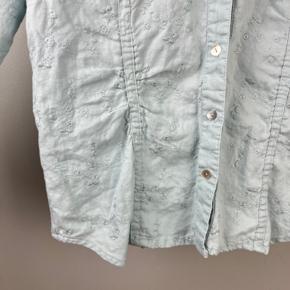 Saint Tropez West Linen Top Womens L‎ Dusty Blue Floral Embroidered Button Up - Picture 5 of 7